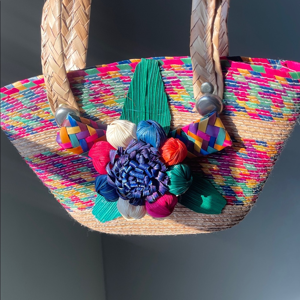 Colorful Handmade Straw Mini Bag with Floral Accent